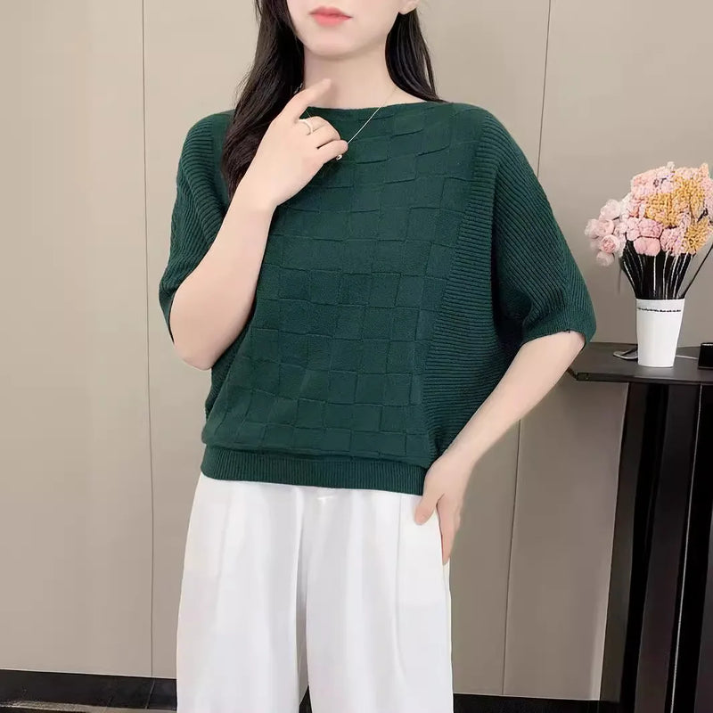 Korean Fashion One-word Collar Casual Bat-sleeved Knitted Sweater Women's Top Spring Summer Knitwear Pullover Jumper Shirt