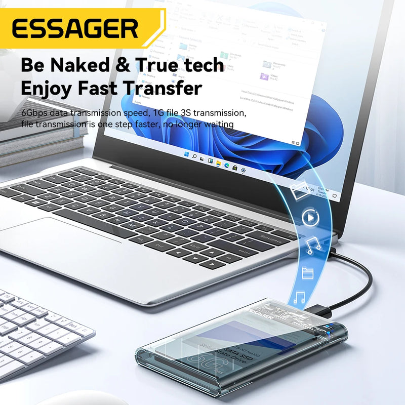 ប្រអប់ Essager ទំហំ 2.5 អ៊ីញ SATA Box USB 3.0 HDD Enclosure Mobile Hard Drive Cases សម្រាប់ SSD ទំហំ 2.5 អ៊ីញ SATA Storage Enclosure Hard Disk Case