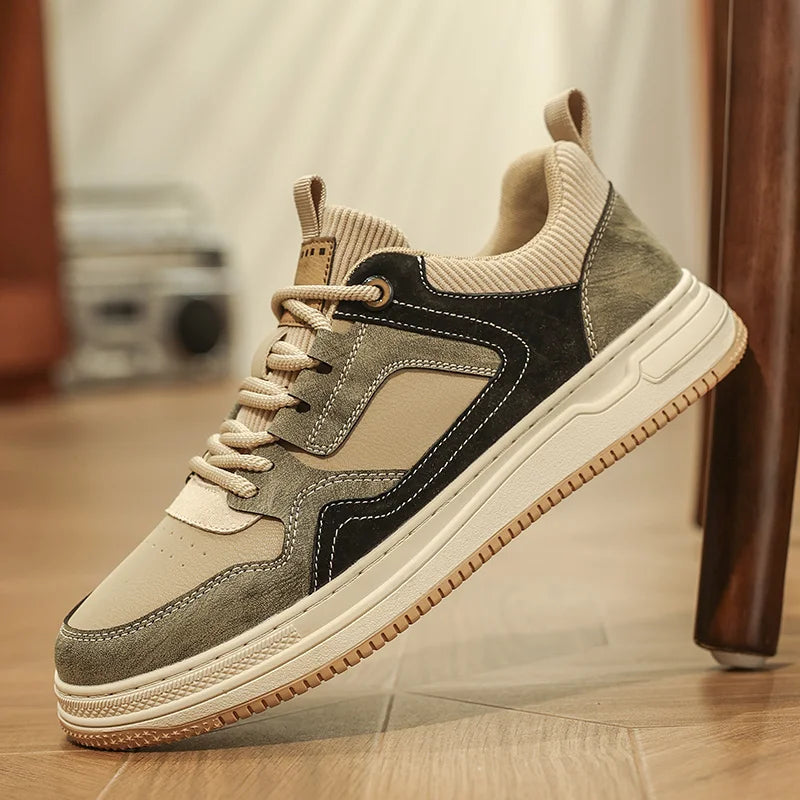 Mens Board Shoes 2025 New Fashion Lace Up Leather Commuting Snug Four Season Board Shoes Breathe Anti Slip Casual Sports Shoes