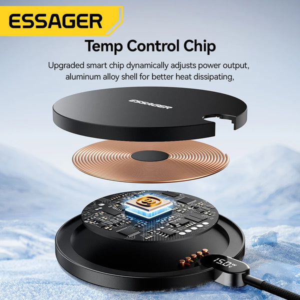 ឆ្នាំងសាកឥតខ្សែ Essager 15W អេក្រង់ LED ឌីជីថល បន្ទះសាកថ្មឥតខ្សែលឿន សម្រាប់ iPhone 16 15 14 Pro Max Samsung 23 Xiaomi Huawei