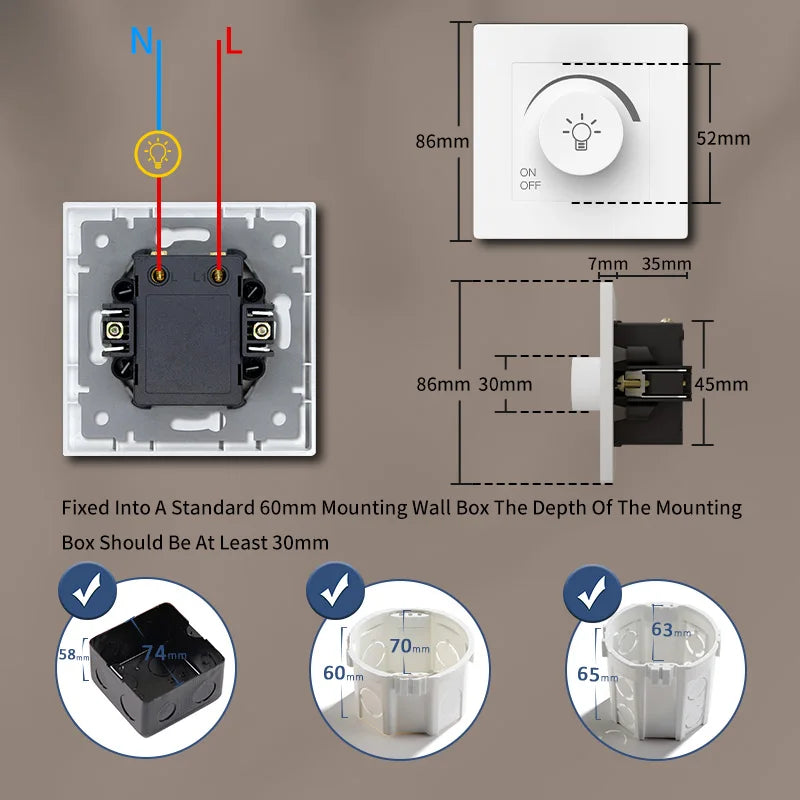 BSEED Dimmer Light Switch Rotary Knob Switch With Wall Socket USB Type-C Outlets Switch ON OFF Frame 220V