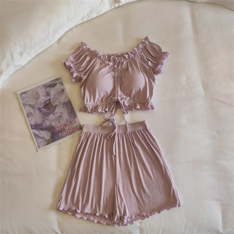 Summer Woman Pajamas Shorts Nightwear Chest Pads Pijama 2 Piece Sets Sleepwear Women's Pajamas Home Suit Pyjamas Female Clothing