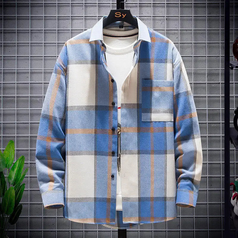 Men's Long-sleeve Striped Shirts for Spring and Fall, Made From A Cotton-polyester Blend, Available in Red, Green, Yellow, Blue.