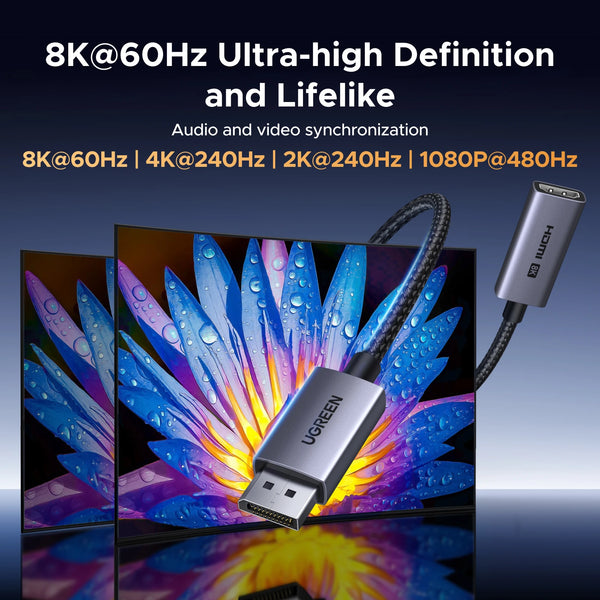 UGREEN Displayport 1.4 DP to HDMI Adapter 8K 60Hz Converter,Uni-Directional Display Port to HDMI Converter VRR HDR HDCP2.3 0.2m