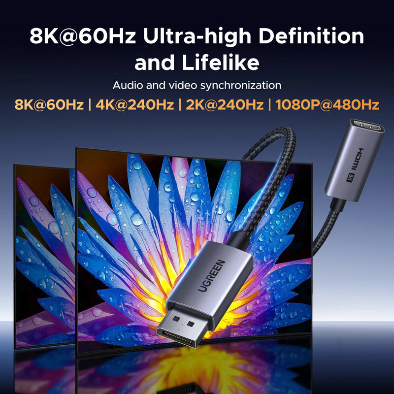 UGREEN Displayport 1.4 DP to HDMI Adapter 8K 60Hz Converter,Uni-Directional Display Port to HDMI Converter VRR HDR HDCP2.3 0.2m