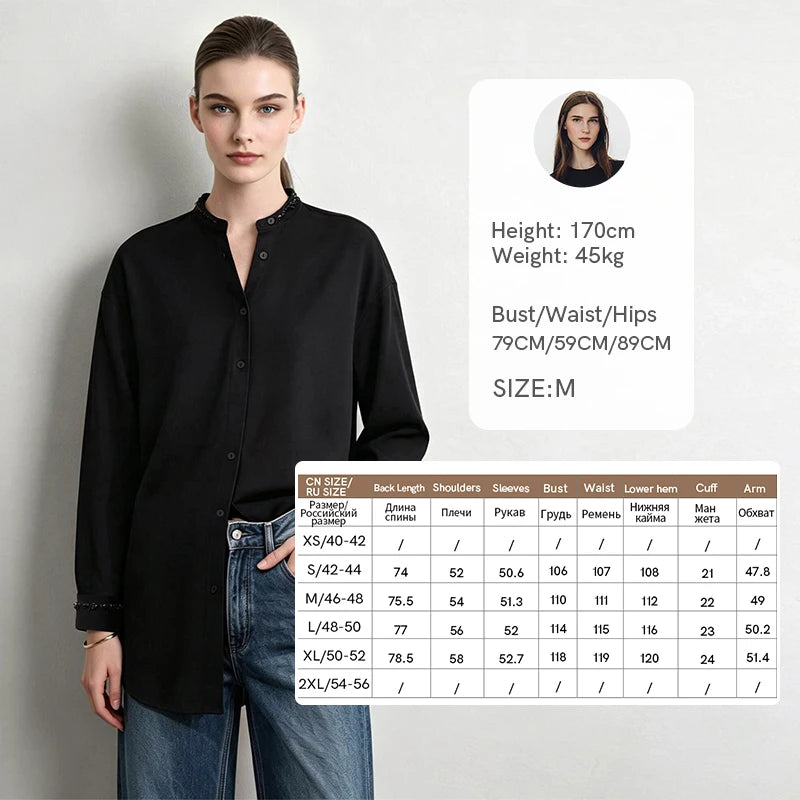 Amii Women Shirts 2026 Autumn New Loose-Fit Stand Collar Shirt Knitted Drop-Shoulder Long Sleeve Tops Casual Blouse 12623022