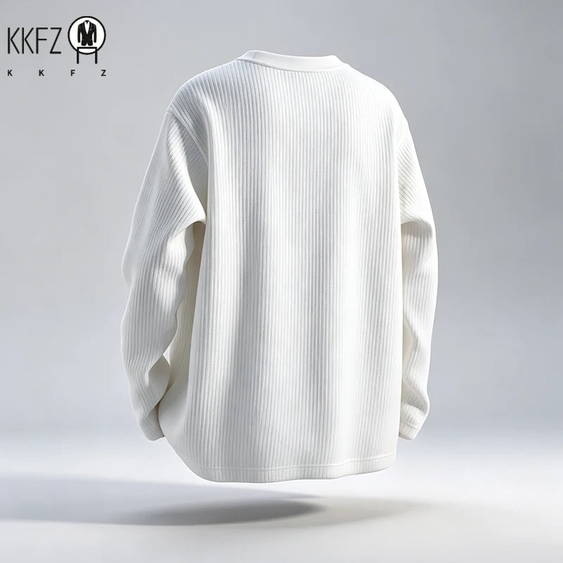 Mens Oversized Crew Neck Knit Top Vertical Ribbed Fabric Long Sleeve Relax Cut Daily Casual Wear Shirt