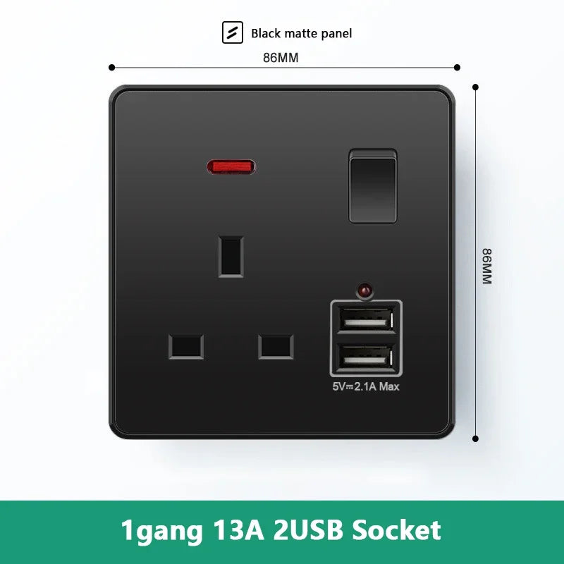 Universal 18W Fast Type C Wall 220V Power Outlet Plug, UK Black 13A Socket Switch, Electrical Wall Socket Panel with USB Charger