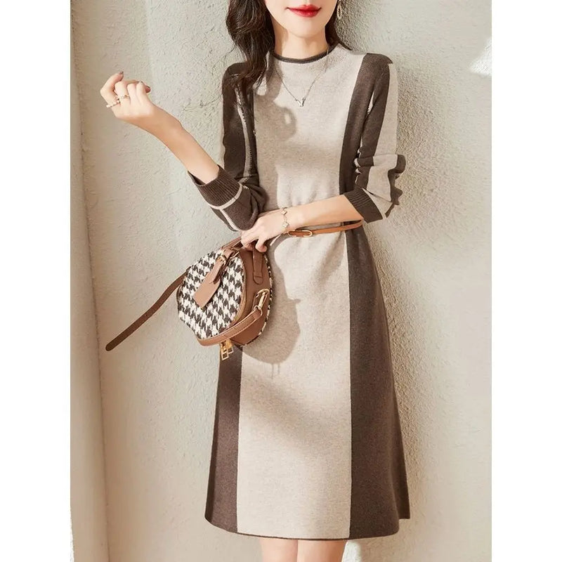Fashion New Ladies Sweater Spring Autumn Woolen Dress Outerwear Pullover Jumper Splicing Color Women‘s Knitwear Pull Tops