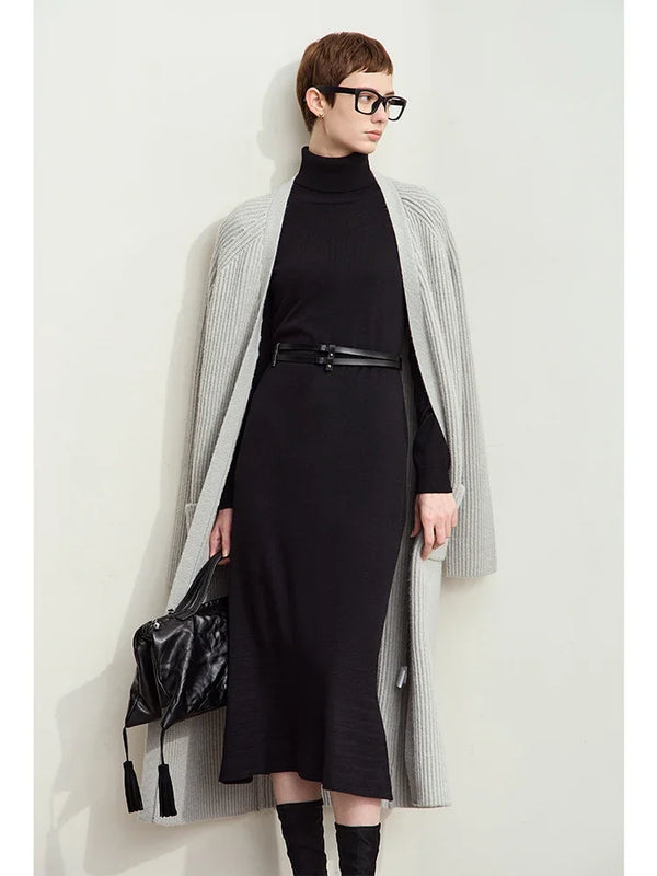AMII Dresses for Woman 2026 Winter New Knitted Long Sleeves Women's Clothing Solid Elegant Thin Turtleneck Dress Ladies 12444163