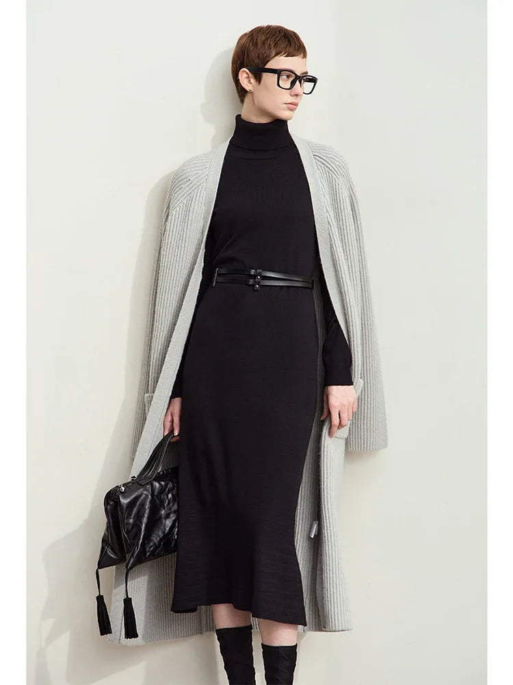 AMII Dresses for Woman 2026 Winter New Knitted Long Sleeves Women's Clothing Solid Elegant Thin Turtleneck Dress Ladies 12444163