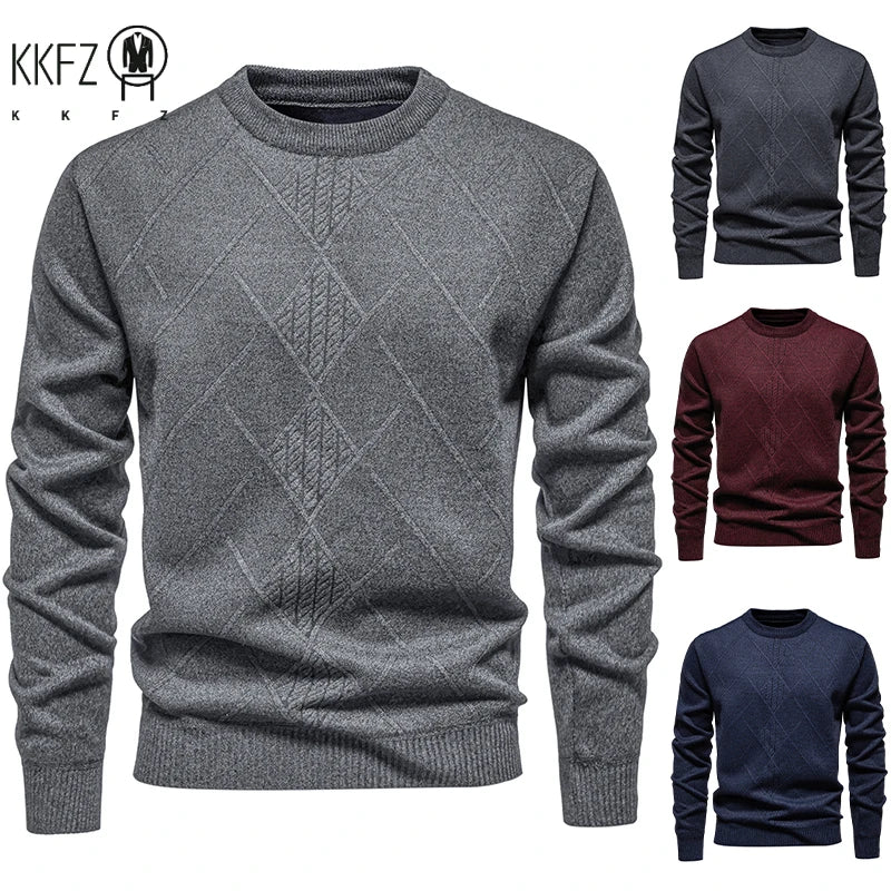 Semi Formal Male Winter Sweater Thick Fleece Lining Geometric Diamond Woven Pattern Crew Neck Long Sleeve Top