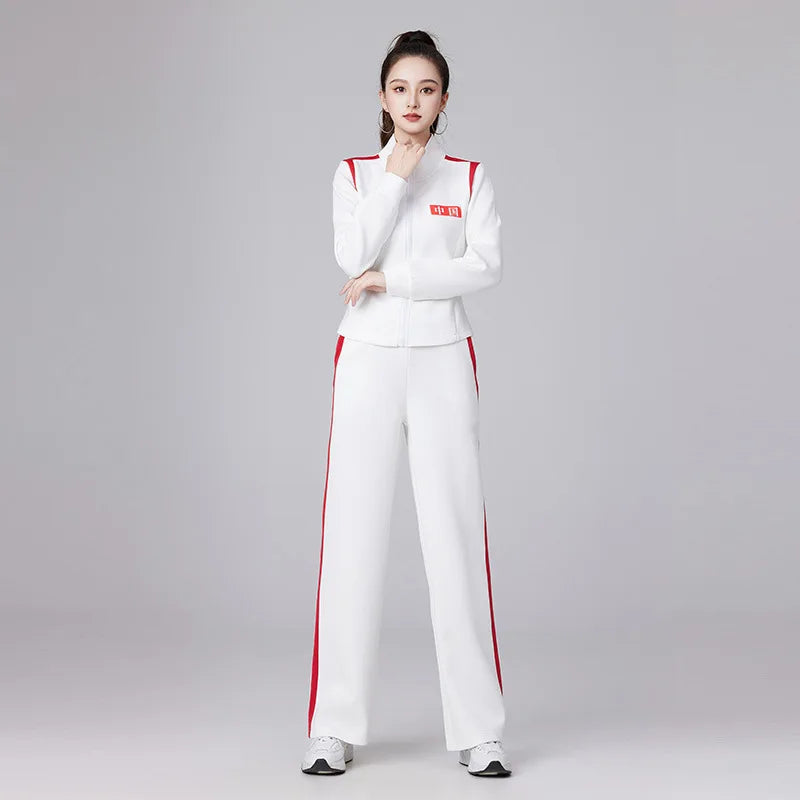 Women's Red Two-piece Sports Set for Spring and Fall, Featuring A Jacket with White Stripes and Matching Pants, Asian Sizes 6XL.