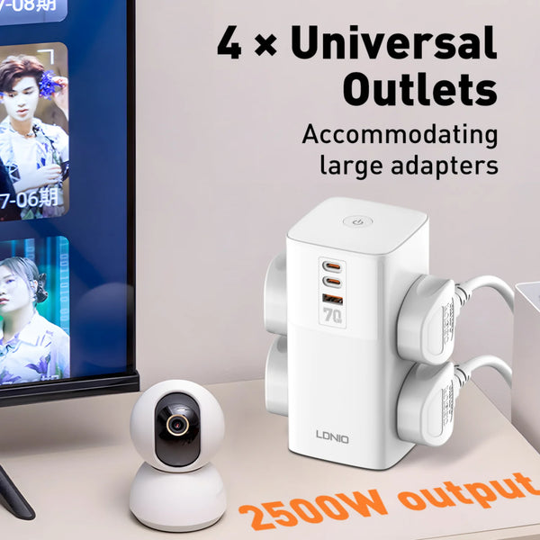 រន្ធដោតភ្លើង LDNIO 7 in 1 2500W Tower Power Socket 70W ស្ថានីយសាកថ្ម USB រន្ធដោតភ្លើង 2 រន្ធ USB-C 2 រន្ធ USB-A ខ្សែបន្ថែម