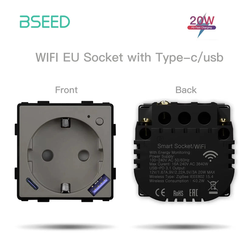 BSEED Matter Touch Switch Part 1/2/3Gang Smart Switch Tuya Smart Life APP Control EU Socket Module Glass Panel Free Combination