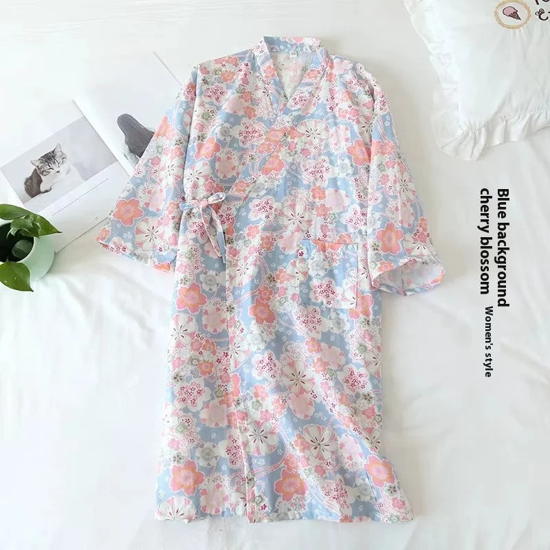 Print Long Sleepwear Loungewear Nightdress Bathrobe Women's Shower Cotton Gauze Nightgown Kimono Cotton Pajamas Cardigan