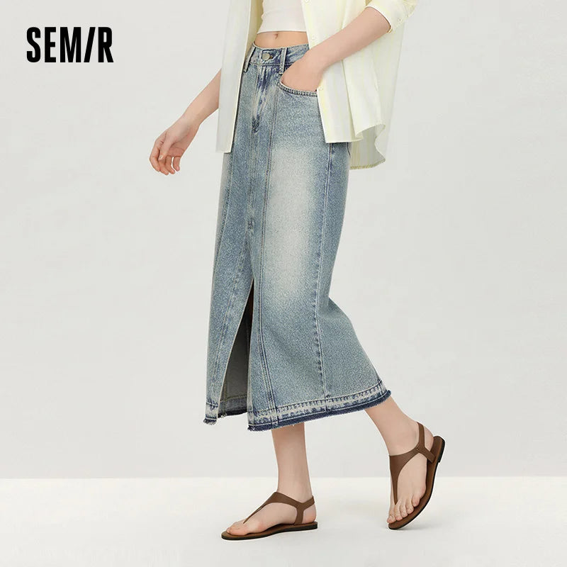 Semir Women Skirt Panelled 2026 Side Split Raw Hem Straight Urban Casual Everyday Style Soft Comfortable Daily Wear Trendy