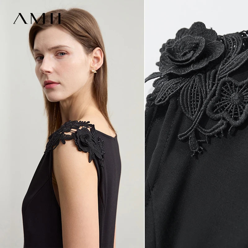 Amii Women Minimalist Sleeveless Black Dress 2026 Summer New Office Lady Elastic Lace Elegant Slim Fit Waist Dresses 12522051