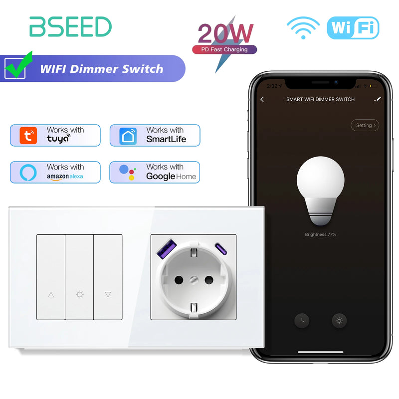 BSEED WIFI Dimmer Switch 1/2/3/4Gang Smart Click Button Switch Glass Panel White LED Indicator Tuya Smart Life Alexa Control