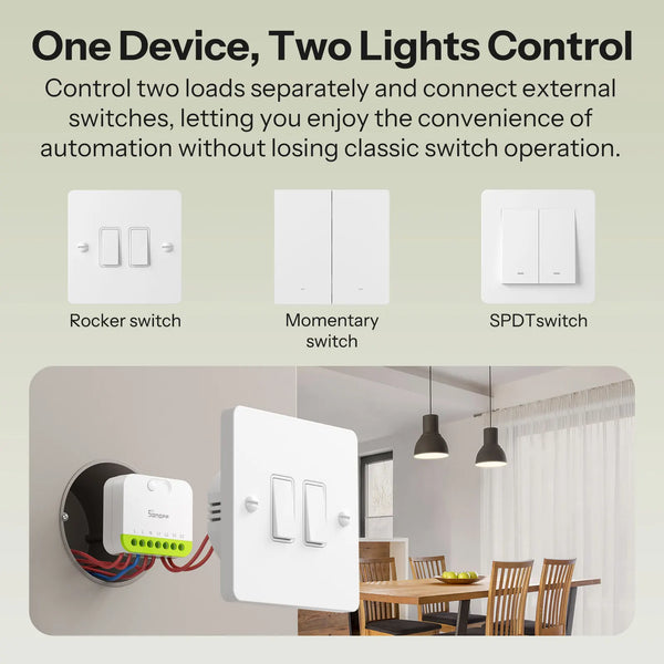 SONOFF MINI DUO កុងតាក់ឆ្លាតវៃ Zigbee 2 ច្រក MINI-ZB2GS ការគ្រប់គ្រងបន្ទុកពីរតូច និងមានសុវត្ថិភាព គាំទ្រកុងតាក់ខាងក្រៅ ត្រូវការ zigbee hub