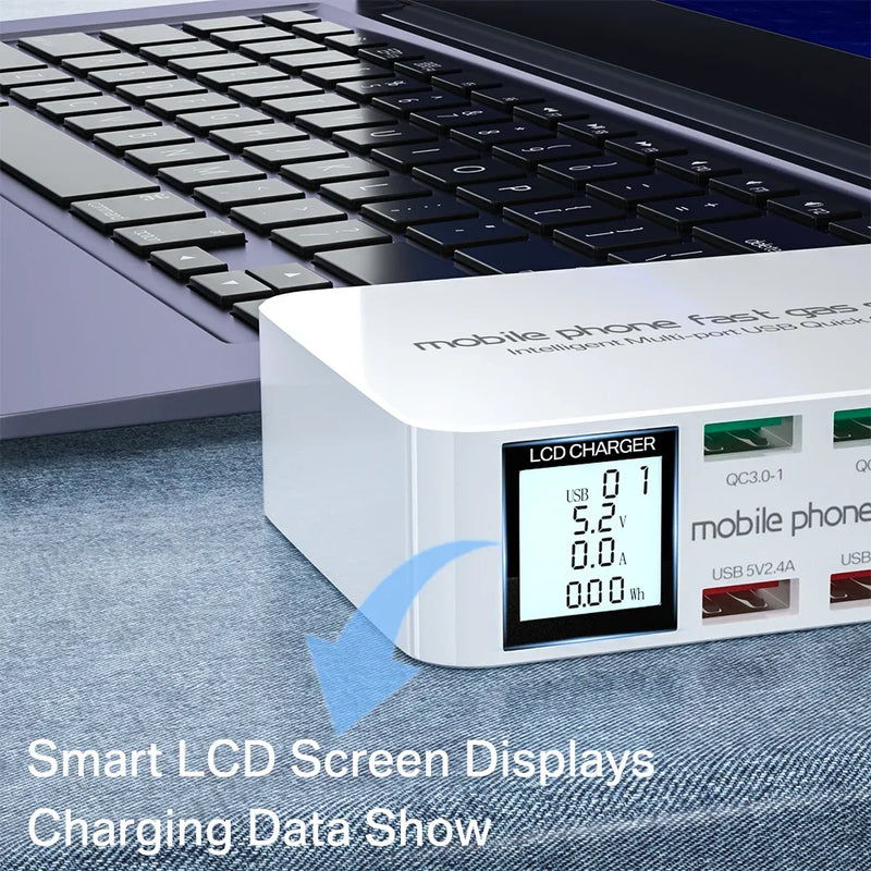 ឆ្នាំងសាក USB C 8 រន្ធ សាកលឿន QC3.0 PD3.0 ពហុ USB LCD អេក្រង់ឌីជីថល ស្ថានីយ៍សាកថ្មសម្រាប់ iPhone 17 16 Android