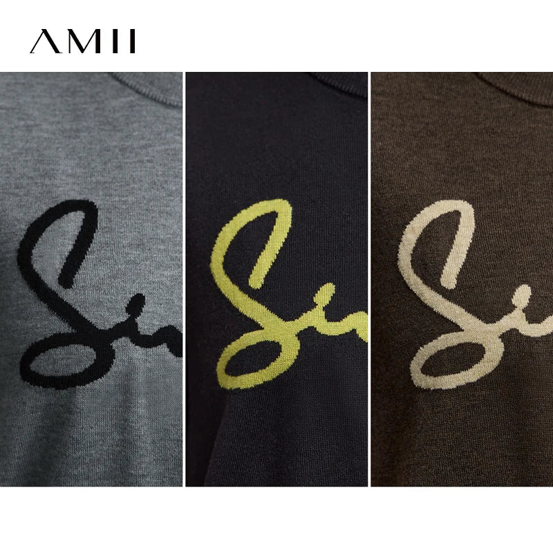 AMII Woman T-Shirts 2026 Summer Letter Jacquard Round Neck Knitted Crop Top Casual Short Sleeve Tee Women Clothes 12523051