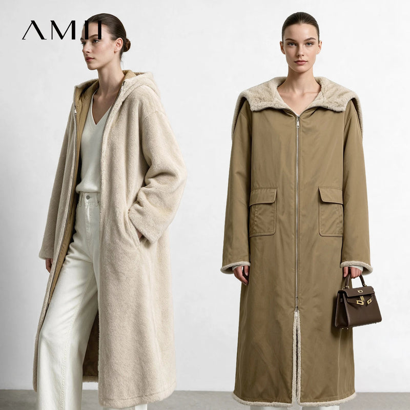 Amii Reversible Faux Fur Parka Coat for Women Hooded Loose Two Faced Long Jackets 2026 Winter Warm Coats Women's Jacket 12654013