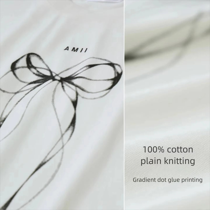 Amii Women's T-Shirt 2026 Summer New Round Neck Bow Print Drop Shoulder Top Women Cotton Casual Loose Short Sleeve Tee 12622041