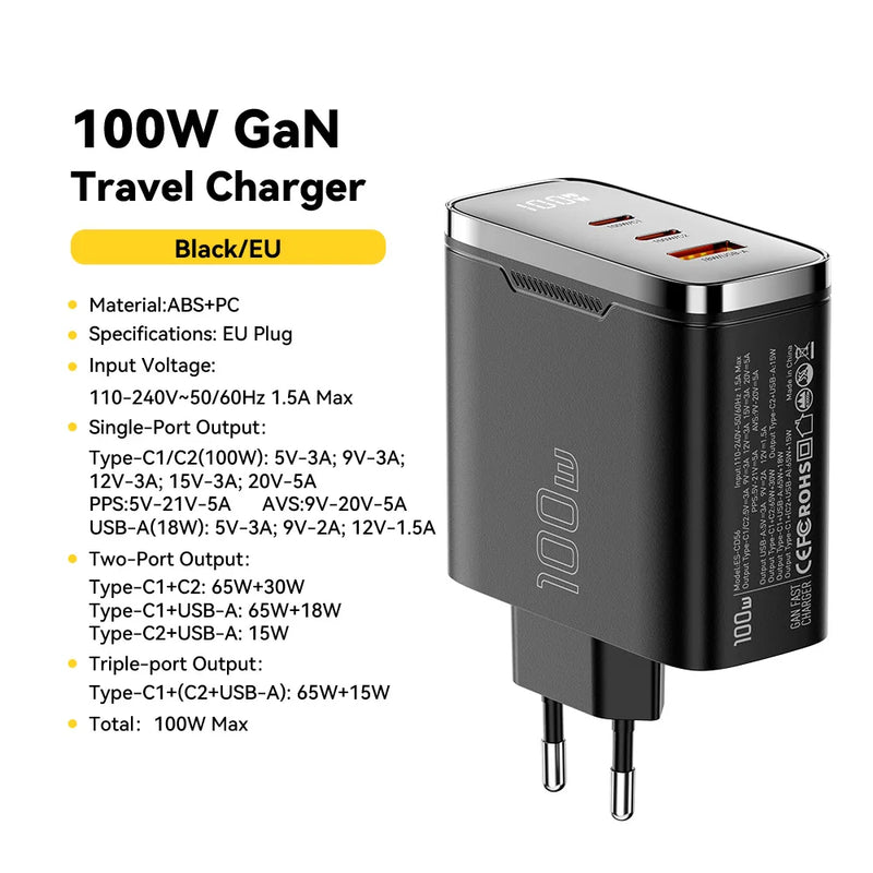 ឆ្នាំងសាក Essager 100W GaN USB Type C ឆ្នាំងសាកឌីជីថល PD QC ឆ្នាំងសាក USB ចល័តសម្រាប់ iPhone 17 16 15 Xiaomi Macbook Laptop
