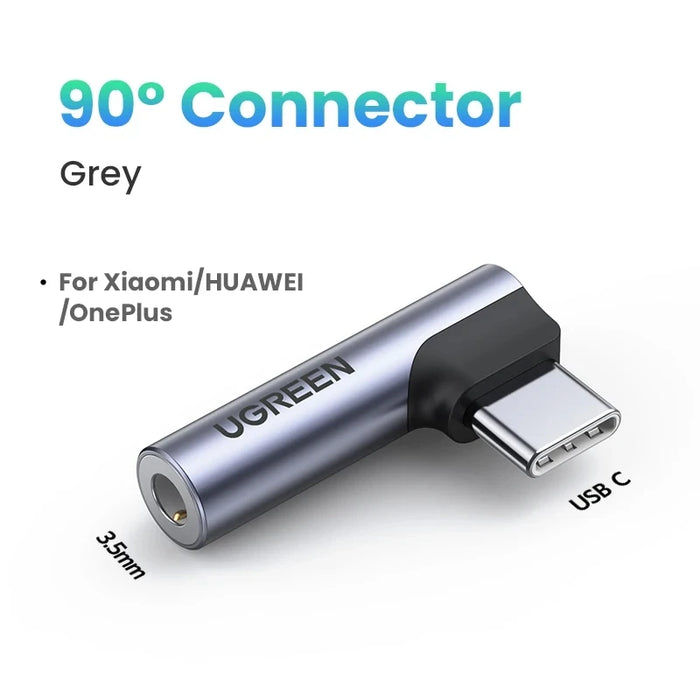 UGREEN USB Type C to 3.5mm Earphone USB C Cable USB C to 3.5 Headphone Adapter Audio Cable For Xiaomi Mi10 HUAWEI P30 Oneplus 9 Angle Grey Connector 10-12cm CHINA
