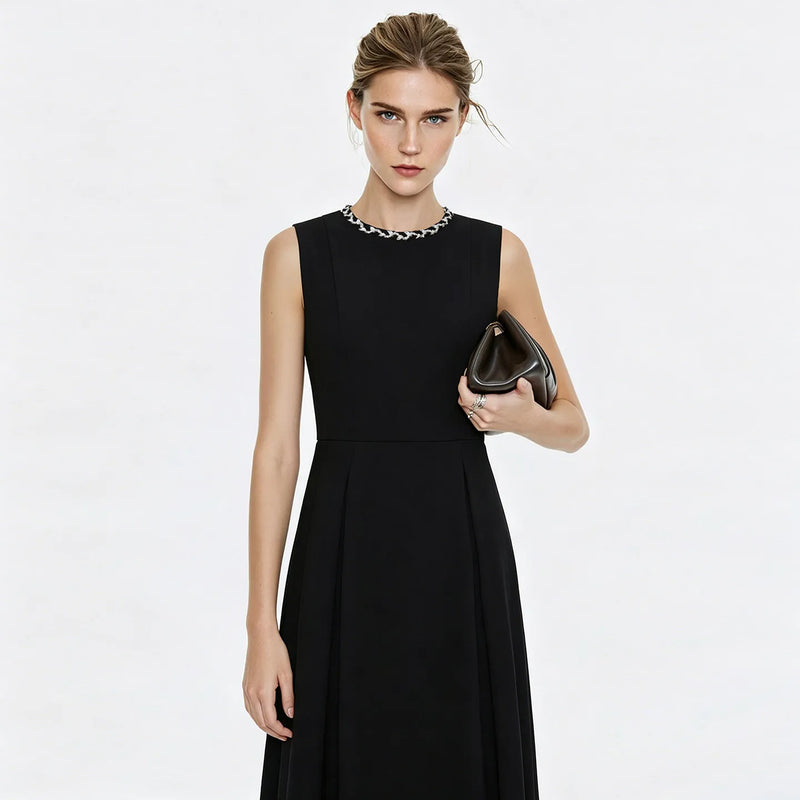 Amii Sleeveless Dress Woman 2026 Summer New O-Neck Ribbon Trim Elegant Office Fitted Waist Midi Women's Casual Dresses 12622157