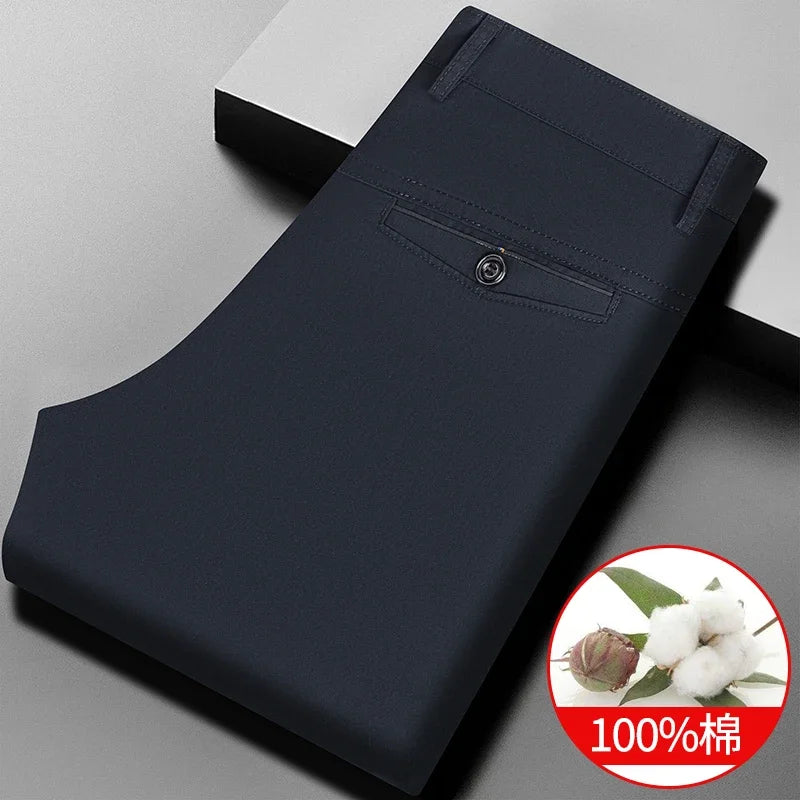 Men Cotton Straight Casual Chinos Soft Breathable Twill Fabric Zip Fly Side Slash Pockets Office Daily Commuting Long Bottoms