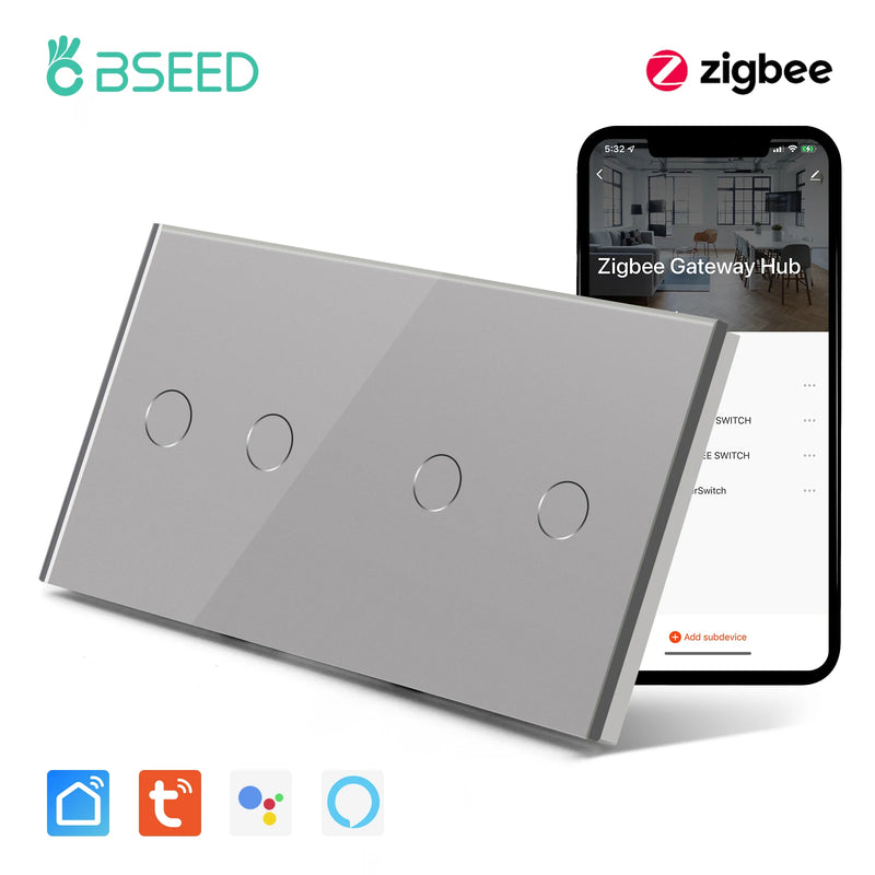 BSEED Zigbee Smart Switch 1/2/3Gang 1/2/3Way Smart Touch Light Switch Work With Tuya Smart Life Blue Backlight No Neutral Line