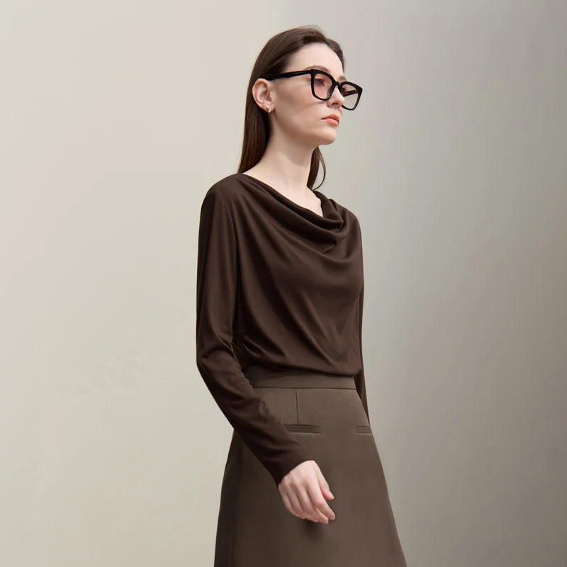 Amii Long Sleeve T-Shirt  Autumn New Elegant Swing Collar 2026 Women's Tee Shirt Casual Versatile Solid Color Knit Tops 12641022