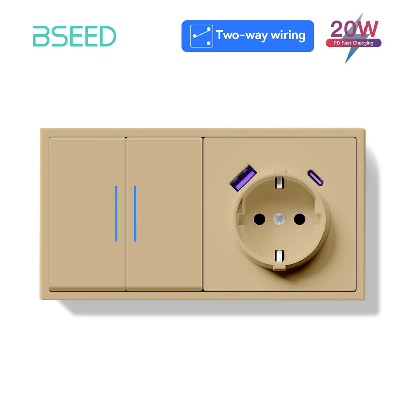 BSEED 1/2Gang 2Way Button Light Switch With EU Socket 20W AC Socket Plastic Frame Wall Switch On Off For Stairs LED Backlight
