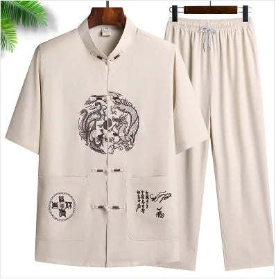 Chinese-style Men's Stand-collar Two-piece Set: A Summer Short-sleeve Shirt Paired with Cropped Pants. Red,Blue,Green,Khaki,Gray