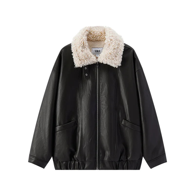 Semir Women Jacket PU Faux Leather Faux Shearling Panelled Design Turn Down Collar Oversized Fit Urban Casual Style 2026 Winter