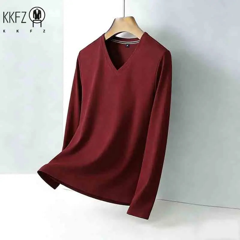 Men's Wrinkle-resistant Brown V-neck Long Sleeve T-shirt Easy Care Breathable Casual Top