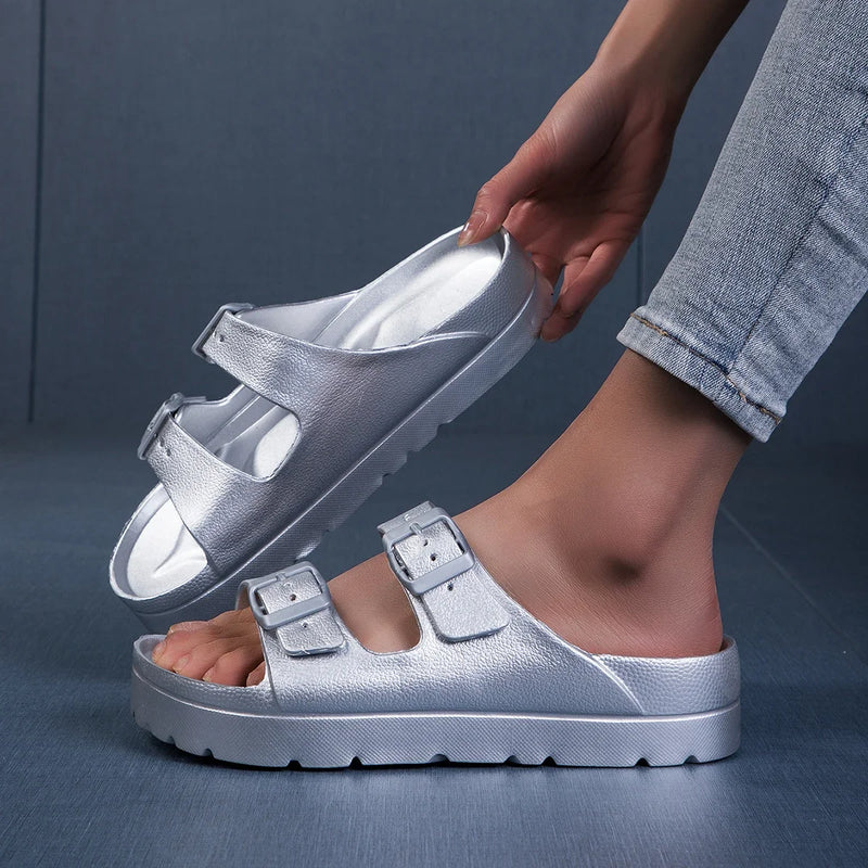 4cm High Ladies Slippers with Two Straps Double Buckles Platform Sandals Women Slides Cushion Lightweight 12 Colors Options