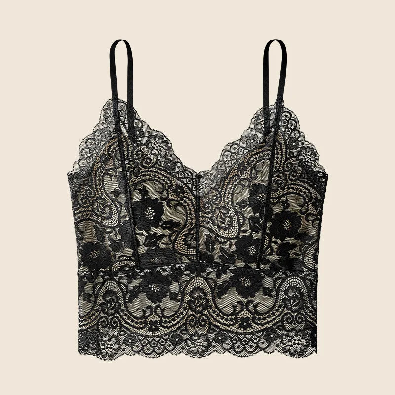 French Sexy Lace Chest Pad Suspender Top Beautiful Back Integrated Bra Bottom Vest for Women One Piece Pajamas Underwear