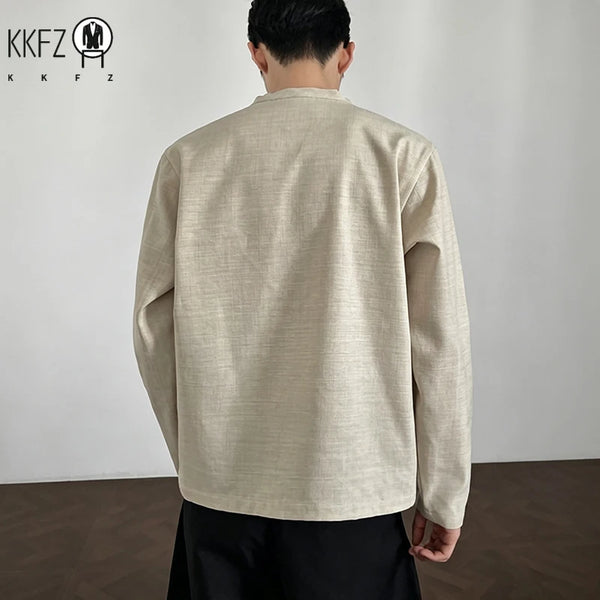 Mens Long Sleeve V Neck Mandarin Collar Shirt Linen Weave Fabric Loose Silhouette For Daily Occasions