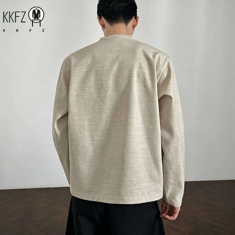 Mens Long Sleeve V Neck Mandarin Collar Shirt Linen Weave Fabric Loose Silhouette For Daily Occasions