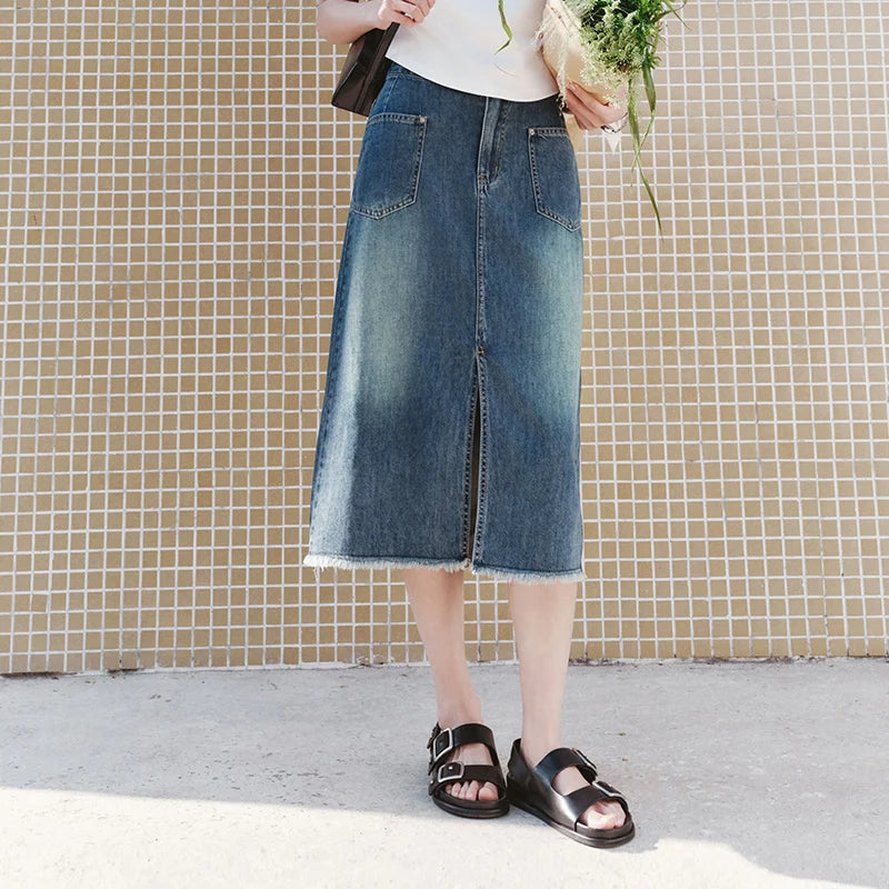 Semir Women Skirt HighWaist Slit Frayed Vintage Washed Straight Denim Long 2026 Trendy Street Daily Fashion Wear