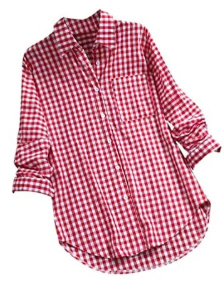 2027 New Women's Long-Sleeve Checkered Shirt, Available in Black, Gray, Blue, Red, and Pink.