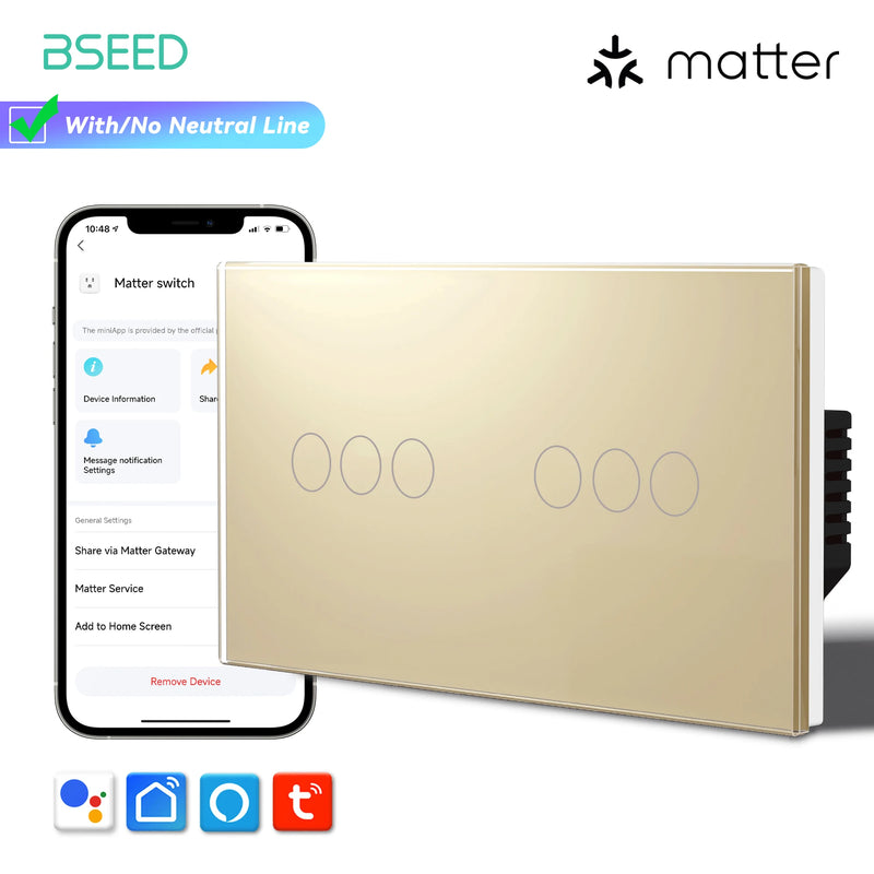 BSEED 1/2/3Gang Matter WIFI Touch Switch Smart Light Switch Work With Apple Home Tuya APP Google Assistant Alexa Voice Control