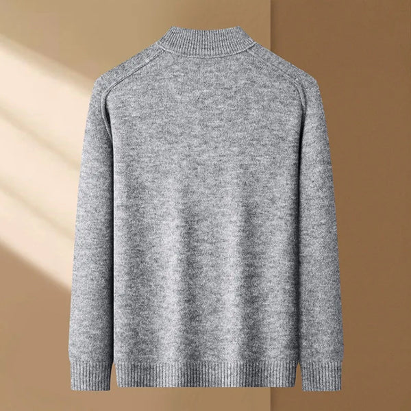 Men's High Neck Thick Knit Sweater, Zipper Detail Fleece Jacket, Winter Warm Soft Pullover, Casual Streetwear Top, Gray Black