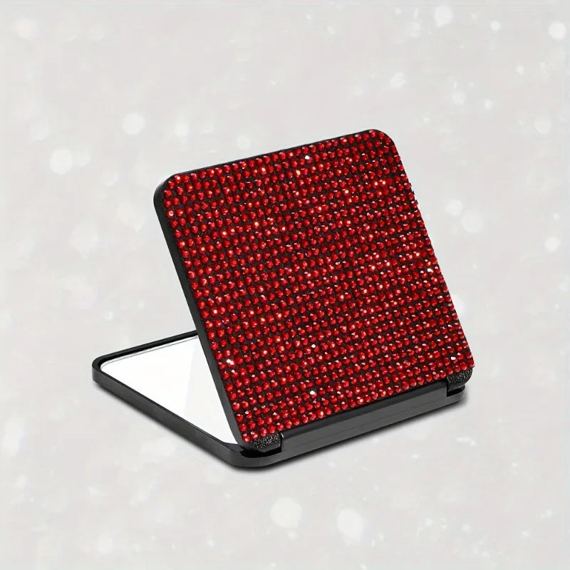 1PC Sparkling Rhinestone Portable Folding Makeup Mirror - Dual-Sided Square Design for Purses & Handbags, Make Up Mirror