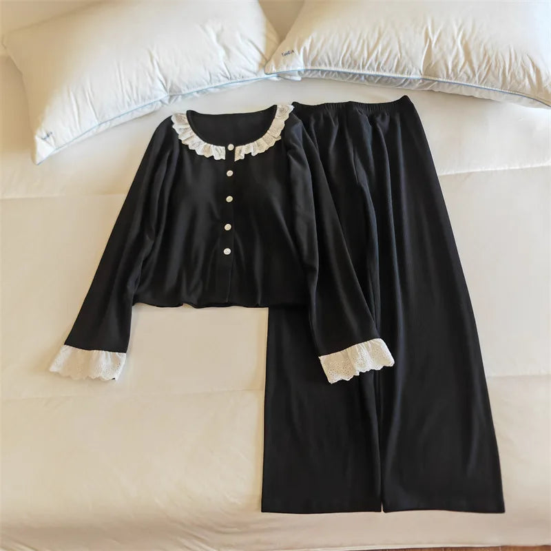 Chest Pads Sleepwear Women's Pajamas with Pants Home Wear Spring Autumn Long Sleeve Two-piece Loungewear Sets Woman Pyjamas