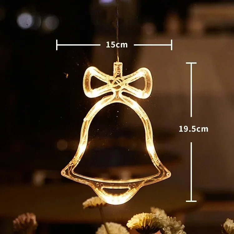 Christmas Window Lights Decor Battery Powered Hanging WarmWhite Light Tree Star Bells Shaped LED Sucker for Xmas Fireplace Decor