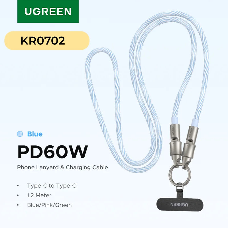 UGREEN PD60W USB-C Lanyard Charging Cable 2-in-1 Type-C Wearable Cable Travel Crossbody for iPhone 17 16 Samsung Xiaomi